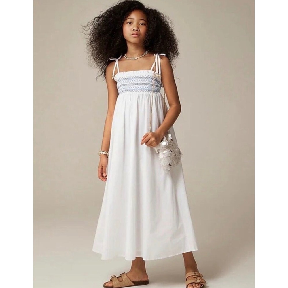 Crewcuts J.Crew Girls White Smocked Maxi Dress Blue Embroidery Shell Charms 8